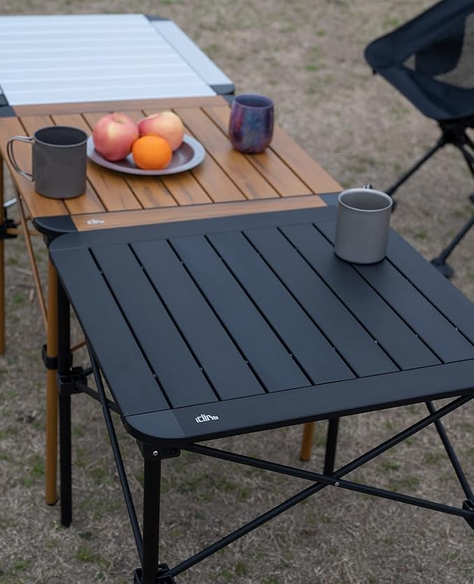 iClimb Lightweight Stable Alu. Folding Square Table Roll Up Top with Carry Bag for Camping Picnic Backyards BBQ Camp Kitchen (Black, L)
