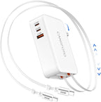5-in-1 Retractable Wall Charger with Dual Cables, 50W Retractable Phone Charger with Dual 3.3FT USB C Cables, 30W Fast Charging Block Wall Plug for iPhone 17 16 15 Pro Max, G-alaxy S26 S25, i Pad