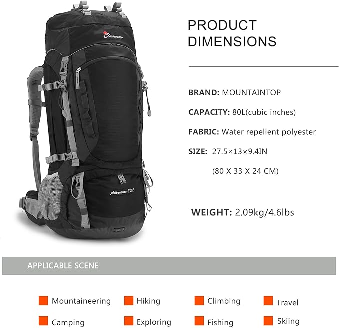 MOUNTAINTOP 80L Internal Frame Backpack for Man & Women Backpacking Hiking Backpack with Rain Cover