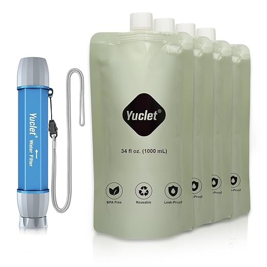 Squeeze Water Filtration System with Four 34-Oz Squeezable Pouches and 0.1 Micron Filter Straw, Portable Water Purifier Survival for Backpacking, Camping, Hiking and Emergency Preparedness