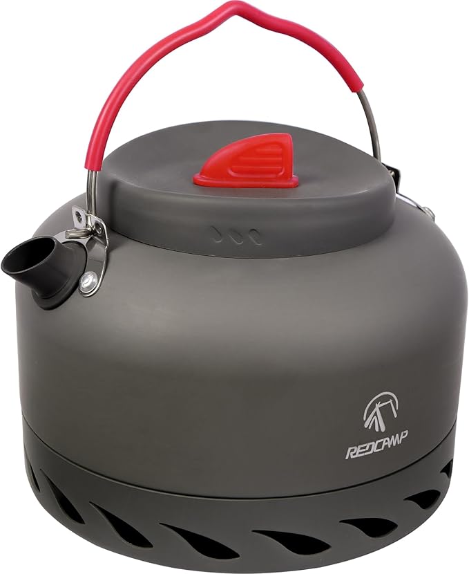 REDCAMP 1.4L Outdoor Camping Kettle with Heat Exchanger, Aluminum Camp Tea Kettle with Carrying Bag, Compact Lightweight Coffee Pot