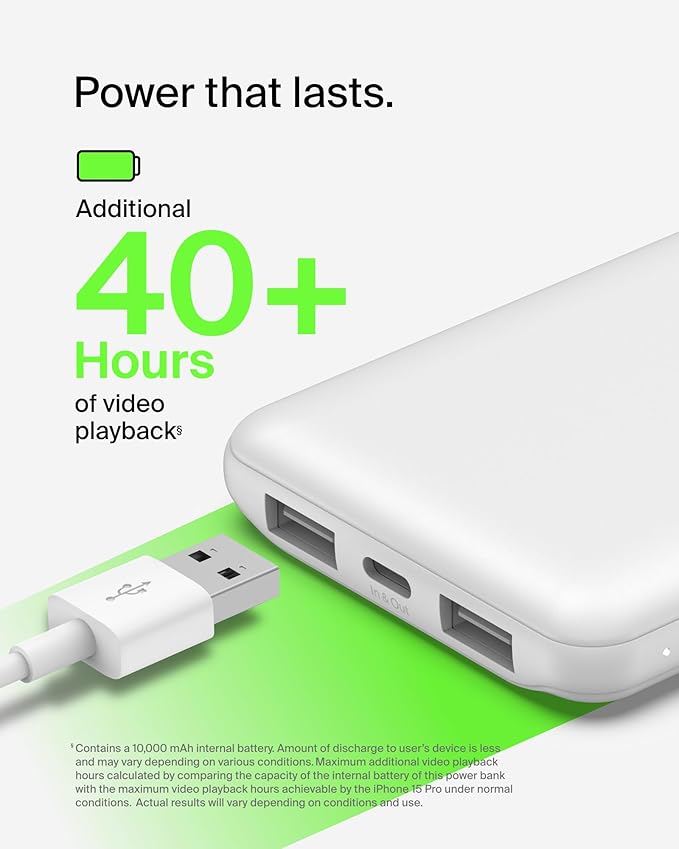 Belkin Portable Charger, USB-C Power Bank 10000 mAh w/ 1xUSB-C Port & 2xUSB-A Ports, 15W w/Type-C to Type-A Cable for iPhone 17, Samsung Galaxy S25, Nintendo Switch 2, Google Pixel 10, etc. - White