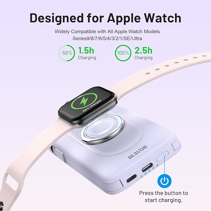 BLAVOR for Magsafe Portable Charger with Built-in Cables, PD 20W Fast Charging,10000mAh Magnetic Wireless Power Bank, Battery Pack with Stand for iPhone 15/14/13/12,Powerbank for Apple Watch(Purple)