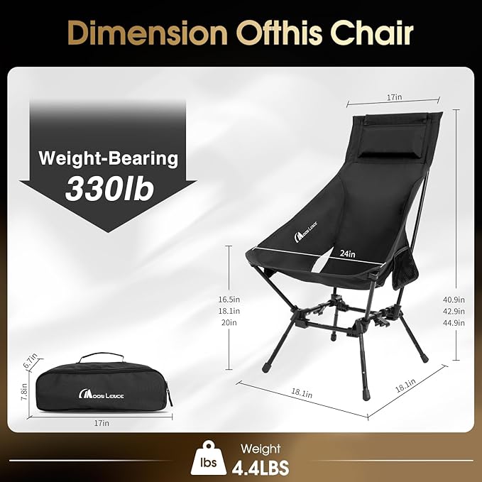 MOON LENCE Portable Camping Chairs for Adults, Adjustable Oversize Beach Chair Lawn Chair with High Back - Large Capacity, Heavy Duty (New Black)
