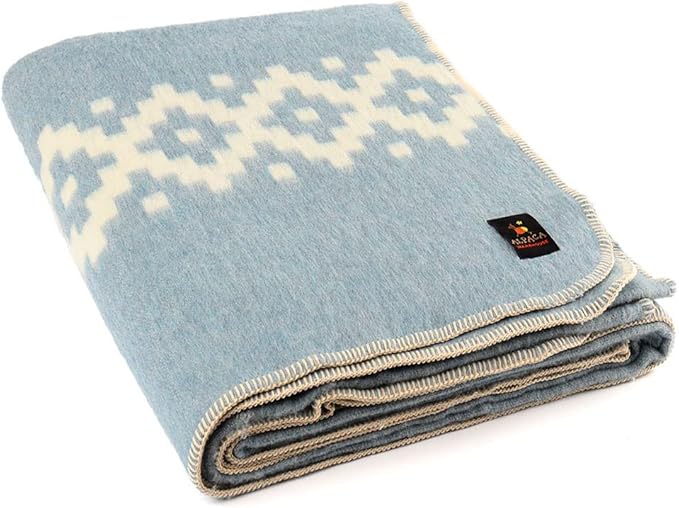 Thick Alpaca Wool Blanket Heavyweight Camping Outdoors Indoors Soft Peru King Size Ethnic Design (Soft Blue - Ivory, King Size)
