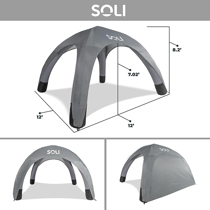 SOLI: Air Canopy 12' - Cool Grey - Outdoor & Beach Self-Inflating Sun Tent, Shade Wall, UPF 50+, Pump-Stakes-Ropes, Lightweight & Portable, Backpack