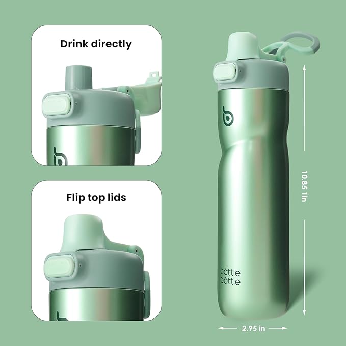 BOTTLE BOTTLE Insulated Water Bottle 24 oz with Handle and Flip Tops Lids Stainless Steel Water Bottle Push Button Lid Leak proof Portable for Running Travel Sports Hiking green