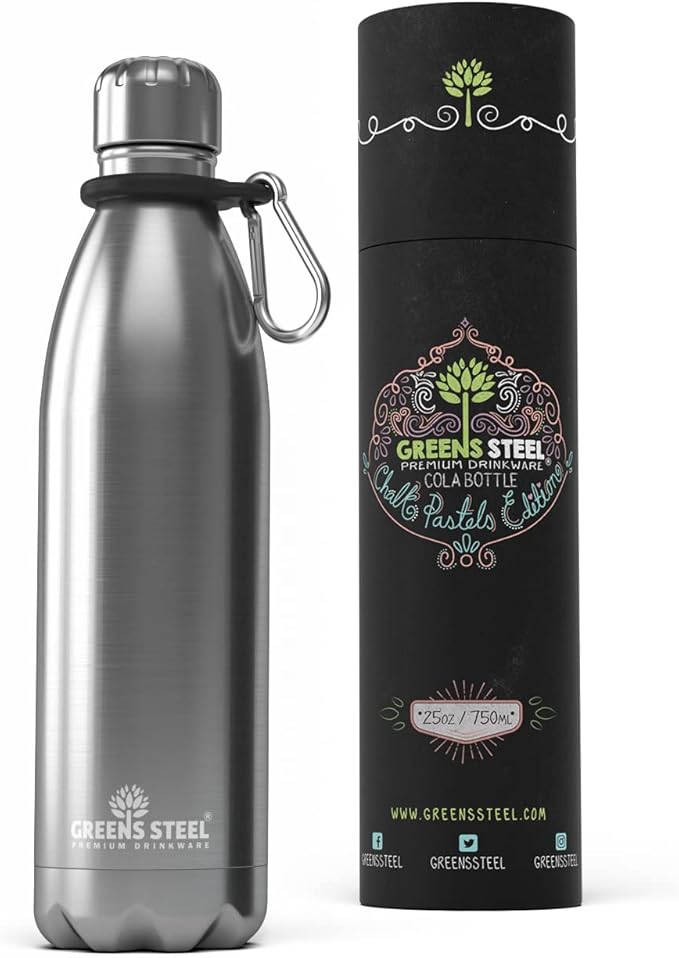 Greens Steel Stainless Steel Water Bottle - 25 oz, Steel | Vacuum Insulated Double Wall with Screw Lid/Leak Proof | Thermal Travel Sports Canteen Coffee Flask