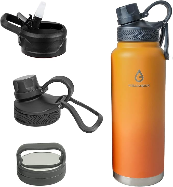 Vacuum Insulated Sports Water Bottle with Straw Lid Dustproof, 3 Lids, 24/32/40/64 Oz BPA Free Double Wall Stainless Steel Water bottle, Keep Cold 24 Hour/Hot 12 Hour-32 Oz Gradient Orange
