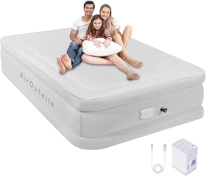 Air Mattress Queen with Built in Pump, 2500mAh Rechargeable Electric Pump, Camping Air Mattress Queen, Fiber-tech Portable Blow Up Mattress for Camping, Indoor and Outdoor (18" Height, Light Gray)