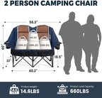 Double Camping Chair for Adults Oversized 2 Person Loveseat Chair for Heavy People, Folding Padded Outdoor Seat with Cup Holders & Carry Bag, 660 lbs Capacity, for Camping, Sports, Backyard