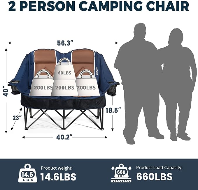 Double Camping Chair for Adults Oversized 2 Person Loveseat Chair for Heavy People, Folding Padded Outdoor Seat with Cup Holders & Carry Bag, 660 lbs Capacity, for Camping, Sports, Backyard