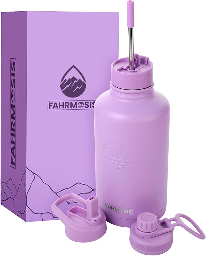 64 Oz Water Bottle with Straw Stainless Steel Sports Water Bottle with 3 Lids (Straw, Chug and Flip Lid) Leak Proof Metal Half Gallon Jug for Men & Women - Lavender