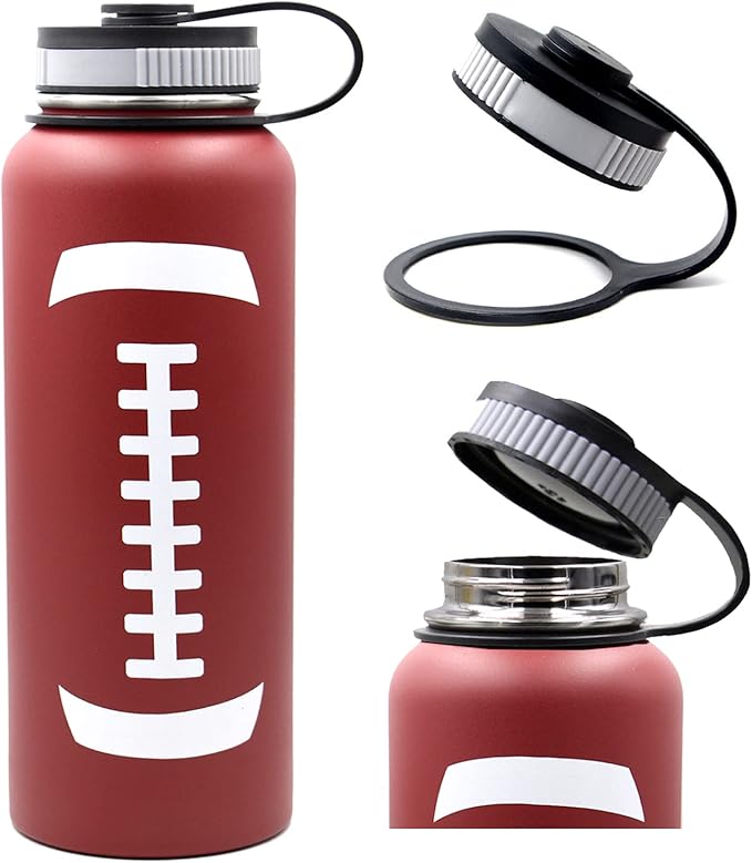 40 oz Football Water Bottle, Sports Cup Flask Metal Thermal Travel Mug with 2 Lids, Stainless Steel Double Wall Vacuum Leak Proof Insulated Water Jug, Football Accessories Gifts for Mom Men Boys Girls