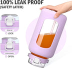 BLUEGO 84oz Water Bottle Glass with Stainless Steel Handle Large 2.5l Water Bottle with Time Markers and Silicone Sleeve Half Gallon Water Jug BPA Free for Gym Daily Use, Purple