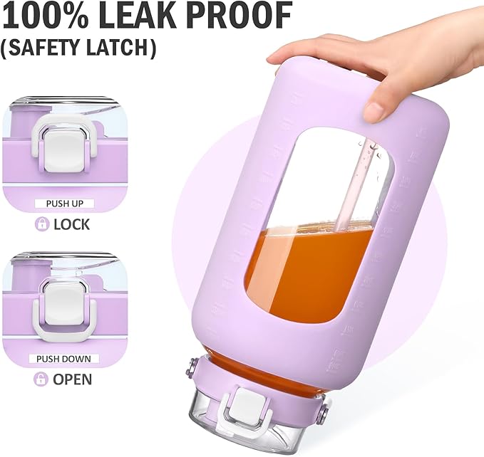 BLUEGO 84oz Water Bottle Glass with Stainless Steel Handle Large 2.5l Water Bottle with Time Markers and Silicone Sleeve Half Gallon Water Jug BPA Free for Gym Daily Use, Purple