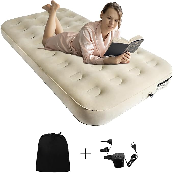 Twin Air Mattress with Fast Inflating Pump, Blow up Mattress of Wave Flocked Top, Durable Air Bed for Home, Camping & Guests 8in Bed Height – 500lb Weight Capacity