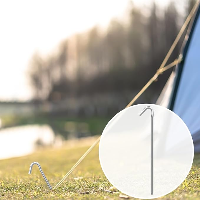AAGUT 8 Pack Metal Camping Tent Stakes 9 Inch Yard Stakes for Inflatables Heavy Duty Tent Pegs Steel Hooked Ground Stakes for Outdoor Christmas Decorations, Garden Edging Tarp Stakes for Ground