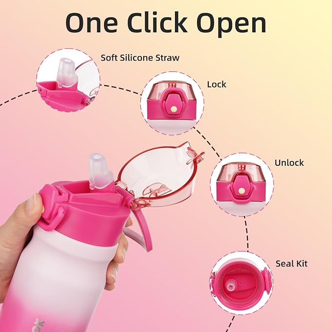 BJPKPK Insulated Water Bottle 14oz Stainless Steel Water Bottles With Straw And Carry Handle Double Wall Metal Thermo,Cherry Blossom