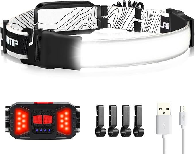 Adelante LED Headlamp Flashlight, 1000LM 230°Wide-Beam Rechargeable Head Lamp for Adults, Red Taillight & 4 Clips Waterproof Hard Hat Light Headlamps for Running Hiking and Camping