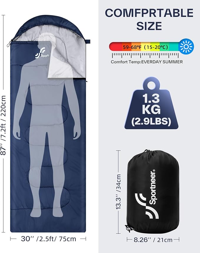 Sportneer Sleeping Bag, 3 Seasons Warm Cold Weather Sleeping Bags for Adults Kids Boys Girls with Compression Sack- Lightweight Camping Essentials Gear Accessories, Backpacking, Hiking
