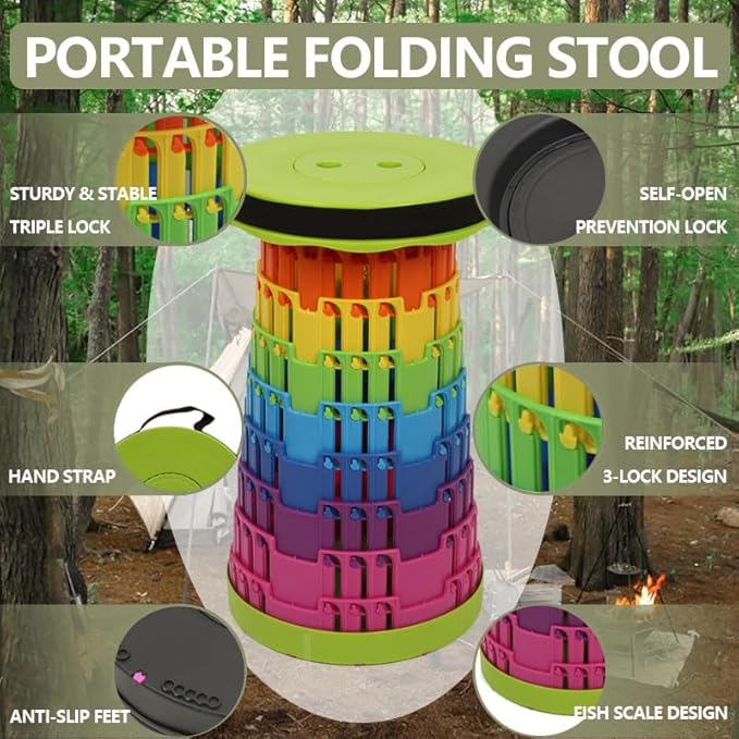 2025 Collapsible Stool Chair, Upgraded Folding Stool for Adults Lightweight, Sturdy, Adjustable, Portable, Foldable Seat Sturdy Stools for Outdoor Camping Fishing Hiking Gardening BBQ