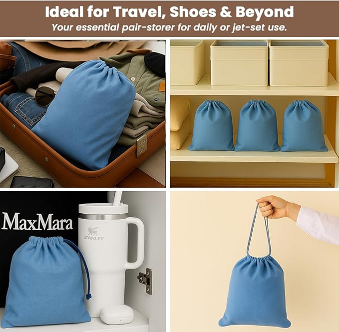 LFH Cotton Rich Shoe Storage Bags with Drawstring, Dustproof Breathable Reusable Organizer, Perfect For Travel, Dorm, Hotel, College, Gym, Easy to Carry, Machine Washable 8"x17" (Pack of 4) - Sky Blue