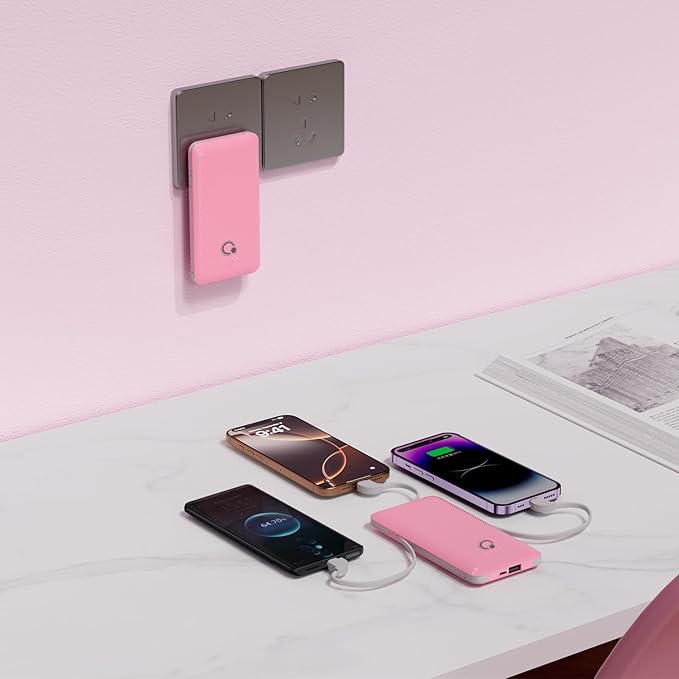 Q 10000mAh Power Bank, Slim Portable Charger,4 Output External Battery Pack with Built-in AC Wall Plug Micro USB C 3 Cables Compatible with iPhone Samsung Android Phone Tablet and More