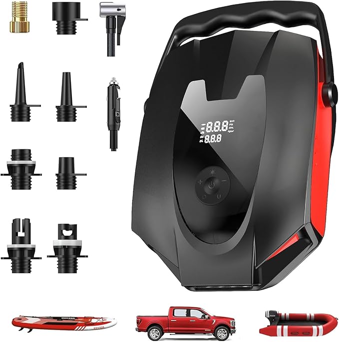ZFOX 50PSI Paddle Board Pump, Portable Electric SUP Pump with Auto-Shutoff & Cooling Fan – Smart Inflation for Paddle Board, 9 Nozzles, HD LCD Display, 12V DC (Red-M)