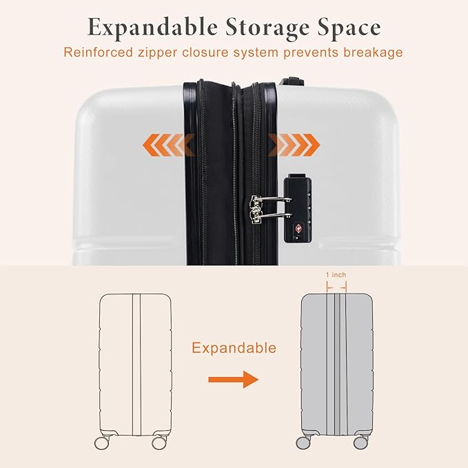 Sweetcrispy 3 PCS Luggage Set, Spinner Wheels Lightweight Expandable Travel Hard Shell Suitcase with TSA Lock, Cream White(20/24/28 inch)