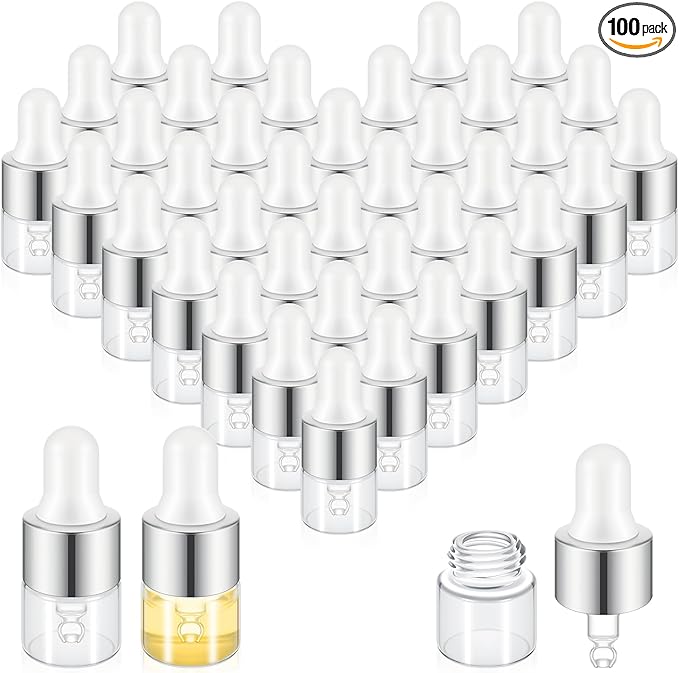 100 Pcs Mini Glass Oil Dropper Bottle Bulk, Clear Essential Small Empty Bottles Sample Containers Perfume Liquid Vials with Cap for Traveling (1 ml,Silver)