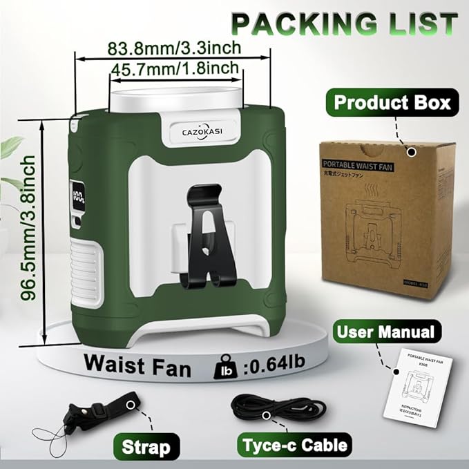 16000mAh Personal Waist Fan Portable Rechargeable Wearable Hand Free, 6-40hours Wearable Cooler for Traveling Working Outdoor Office (Green and White)