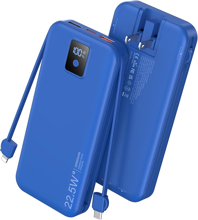 Portable Charger, 12000mAh 22.5W Fast Charging Power Bank with Built-in Cables & Wall Plug, Travel Essential Battery Pack with LED Display, USB C Battery Phone Charger for iPhone, iPad, Samsung Navy
