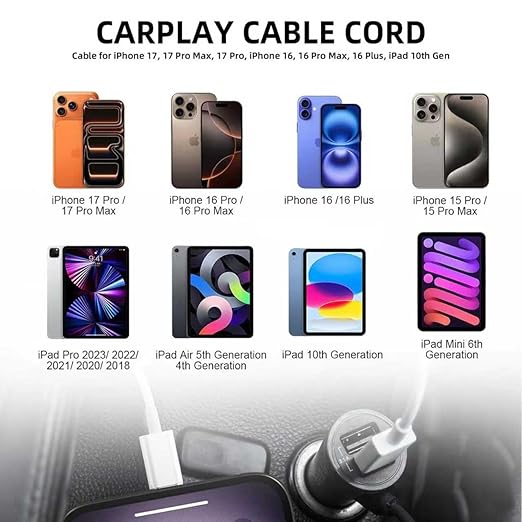 Replacement iPhone 17 Car Carplay Apple Cable Cord for iPhone 17Air 16E 16 15/17 Pro Max, Plus, iPad 10th Gen, iPad Pro 12.9/11, iPad Air 5/4th Gen, Mini 6th Gen USB A to USB C Fast Charger Cable