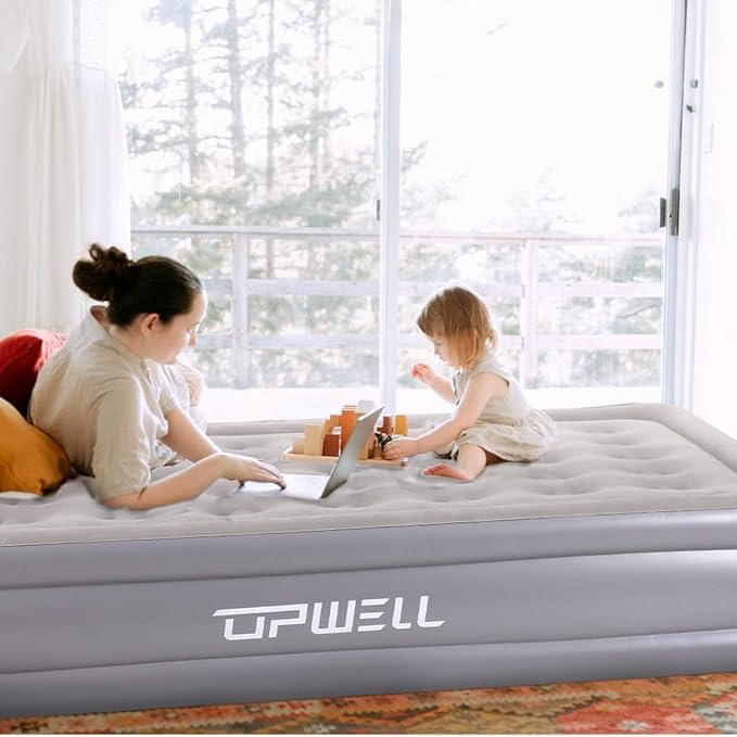 UPWELL Inflatable Air Mattress Queen with Built in Pump Comfort Blow up Bed Waterproof Fast&Easy Set up Dura Beam Strong Support Mattress for Home Guests & Camping Grey