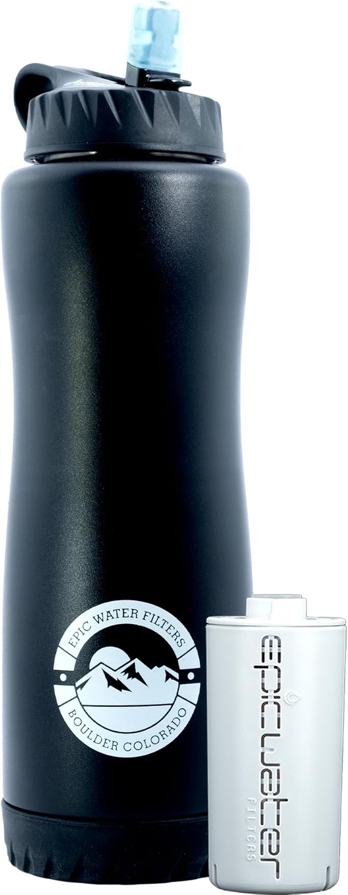 Epic Water Filters Vostok Stainless Steel Insulated Water Bottle and 75 Gallon Filter - Removes 99.99% of Water Impurities, 34oz,