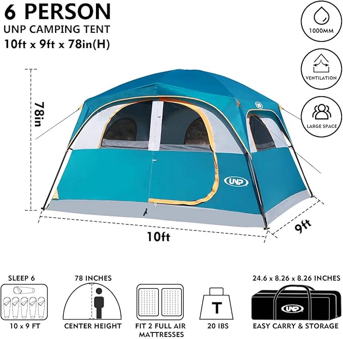 UNP Tents 6 Person Waterproof Windproof Easy Setup,Double Layer Family Camping Tent with 1 Mesh Door & 5 Large Mesh Windows -10'X9'X78in(H)