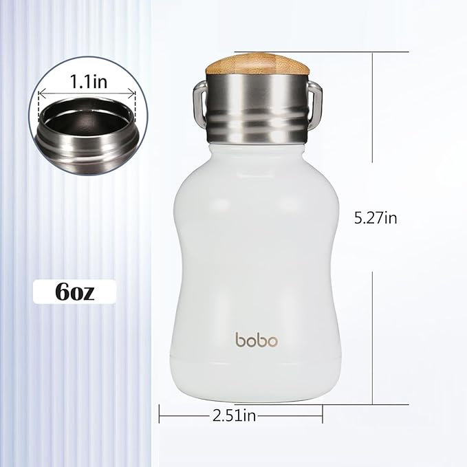 YOHKOH Mini Vacuum Insulated Water Bottle With Bamboo Lid - Stainless Steel Thermos Water Bottle for Women Girls Kids, Metal Sports Hot and Cold Water Bottle Leak-Proof BPA-Free (6.4oz,White)