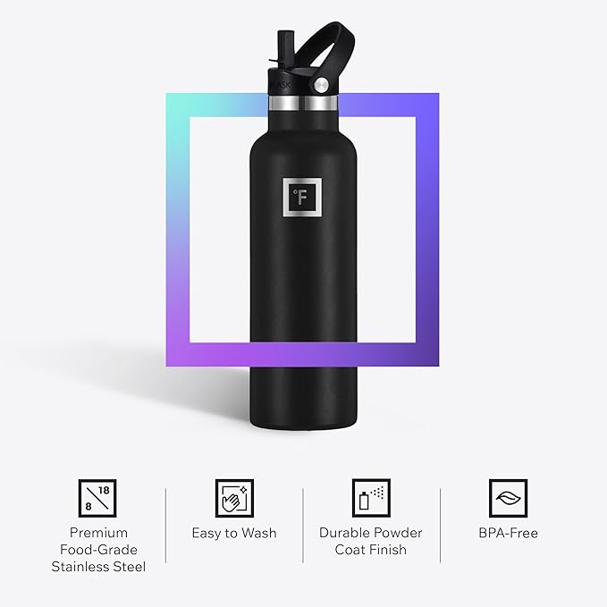 IRON °FLASK Camping & Hiking Hydration Canteens - 3 Lids (Narrow Straw Lid) Leak Proof Vacuum Insulated Stainless Steel - Hot & Cold Double Walled Sports Water Bottle - Dark Rainbow, 32 Oz