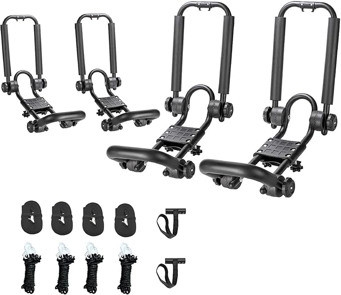 2 Pairs Fold Down J Bar Kayak Rack Designed mounts to virtually All crossbars and Load Bars Double Folding J Bar Car Roof Carrier for Kayak Canoe Surf Board and SUP Paddle Boat