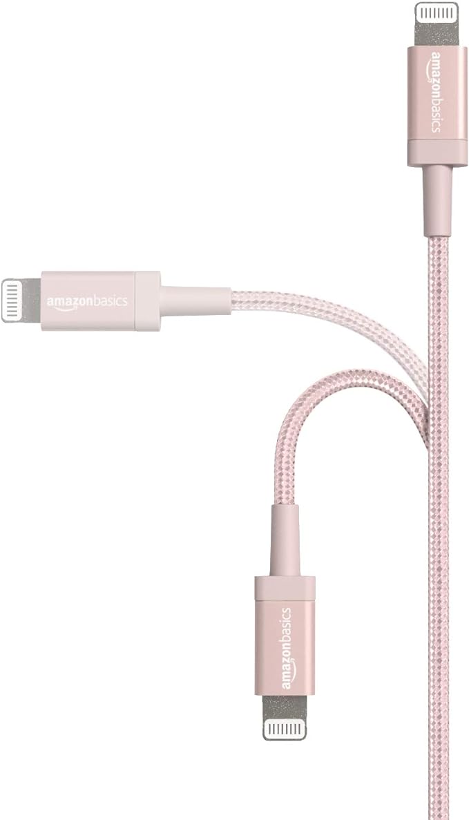 Amazon Basics USB-A to Lightning Cable, Apple MFi Certified, Nylon Braided Cord for iPhone 14 13 12 11 X Xs Pro, Pro Max, Plus, iPad, High Speed Transfer, 6 Foot, Rose Gold