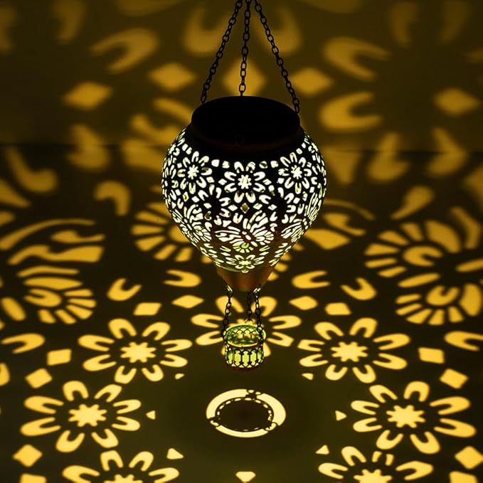 Stargarden Hot Air Balloon Solar Lantern, Butterfly Hollow Out Metal Hot Air Balloon Decorations, Green Hanging Solar Lantern, Waterproof Outdoor Lights for Porch Decor