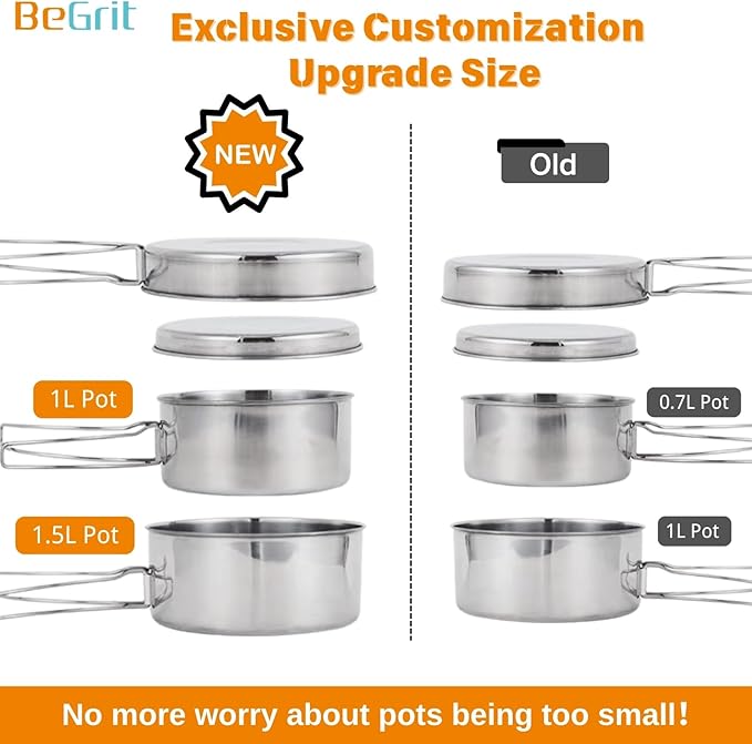 BeGrit Backpacking Camping Cookware Mini Picnic Camping Cooking Mess Kit with Pot and Pan Set for Hiking