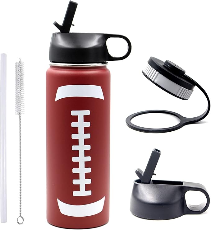 18 oz Football Water Bottle, Sports Cup Flask Metal Travel Mug with 2 Lids, Stainless Steel Double Wall Vacuum Insulated Leak Proof Water Bottles, Football Accessories Stuff Gifts for Boys Girls Fans