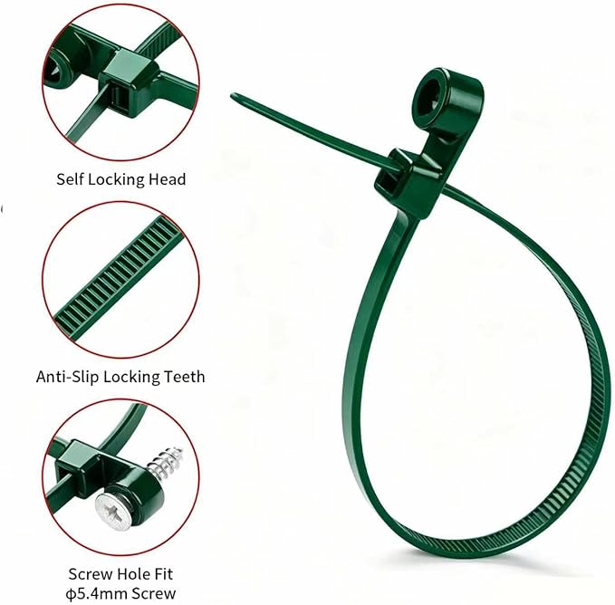 200 PCS 10 inch Green Zip Ties with Screw Hole 70lbs Mountable head Cable Ties Straps Multipurpose Heavy Duty Nylon Cable Zip Ties with Screw Mounting Hole