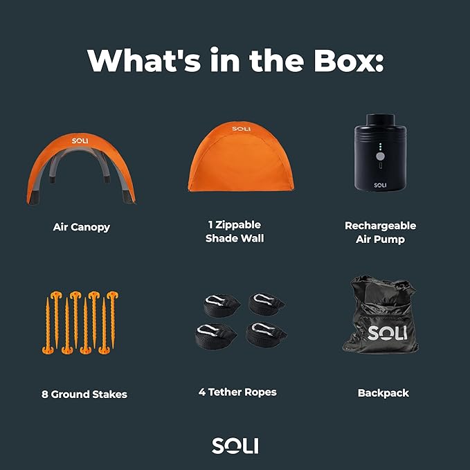 SOLI: Air Canopy 12' - Cool Grey - Outdoor & Beach Self-Inflating Sun Tent, Shade Wall, UPF 50+, Pump-Stakes-Ropes, Lightweight & Portable, Backpack