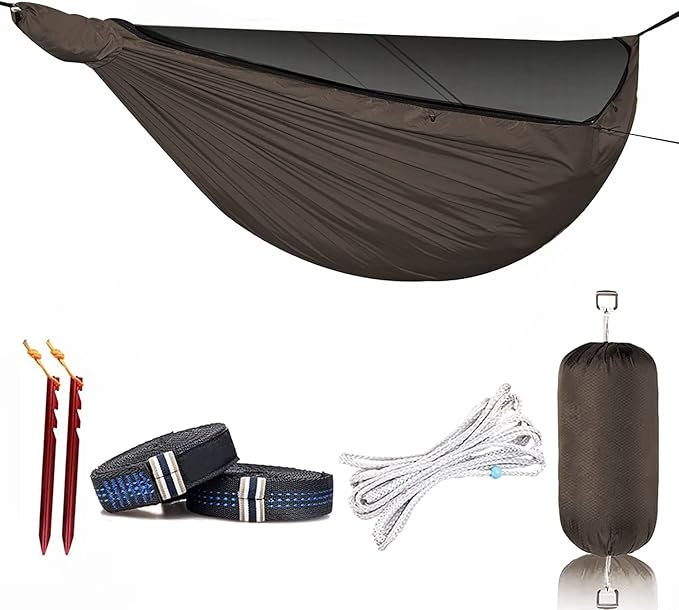 Onewind 11ft Camping Hammock with Mosquito Net and Adjustable Ridgeline, Lightweight Portable Double Hammock with Tree Straps and Bug Net, Ideal for Camping, Hiking, Backpacking, Coyote Brown