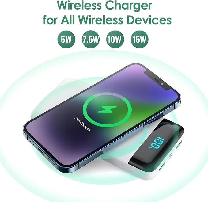 Wireless Portable Charger 30,800mAh 15W Wireless Charging 25W PD QC4.0 Fast Charging Smart LED Display USB-C Power Bank,4 Output& 2 Input External Battery Pack Compatible with iPhone,Samsung etc-White