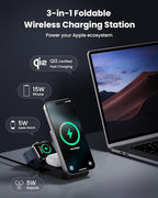 3-in-1 Wireless Charger Charging Station for iPhone, Qi2 Certified 15W Fast Charging Foldable Magnetic Charger Stand with 30W USB C Adapter for MagSafe iPhone 16/15/14/13/12, Apple Watch, AirPods