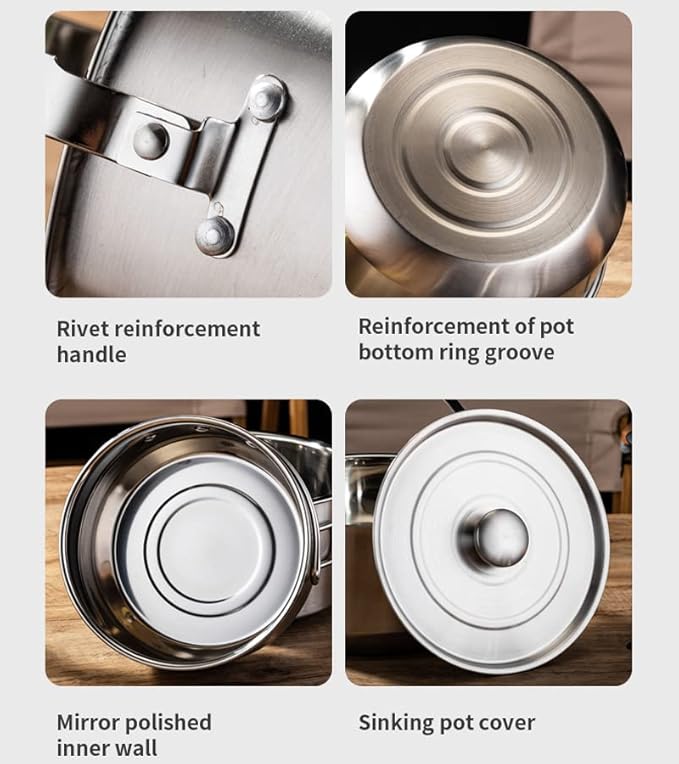 304 Stainless Steel Camping Cookware Set, Pots and Pans for Campfire Cooking, Includes Travel Tote Bag for 4-6 People